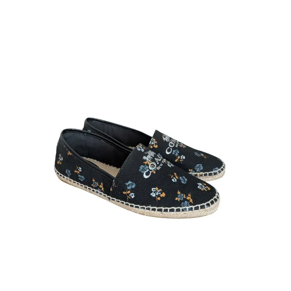 Coach Mila Coh Canvas Espadrille Womens 7.5B Black Floral Beachy Coastal Grandma
